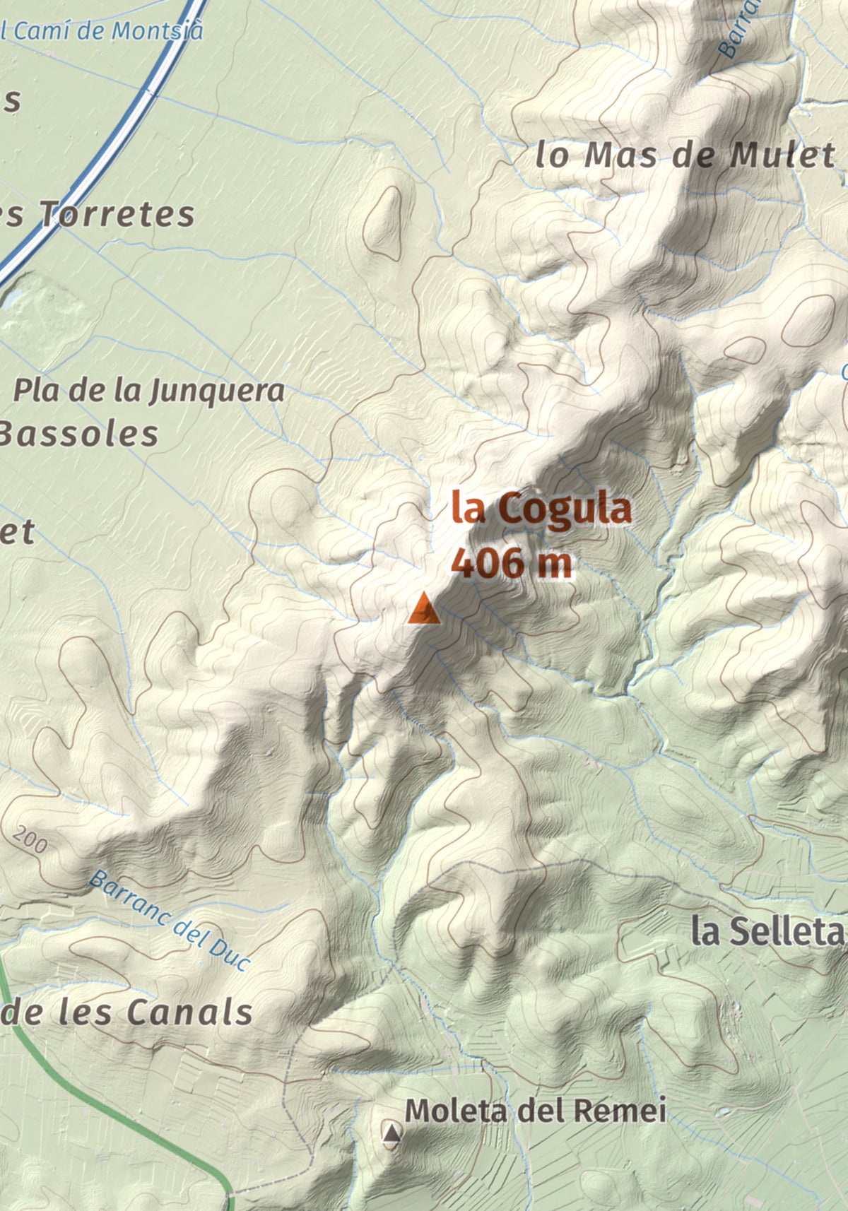 Mapa de relieve de la Cogula, 406 m, Montsià, lámina 100 Cims de Trobart. Detalle de la zona central. 21 × 30 cm.