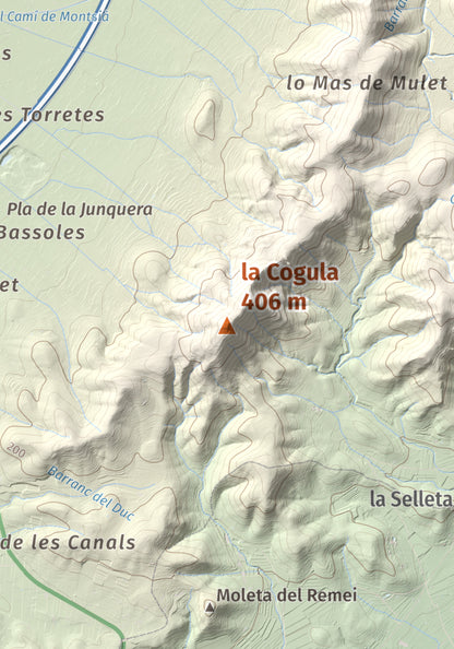 Mapa de relieve de la Cogula, 406 m, Montsià, lámina 100 Cims de Trobart. Detalle de la zona central. 21 × 30 cm.