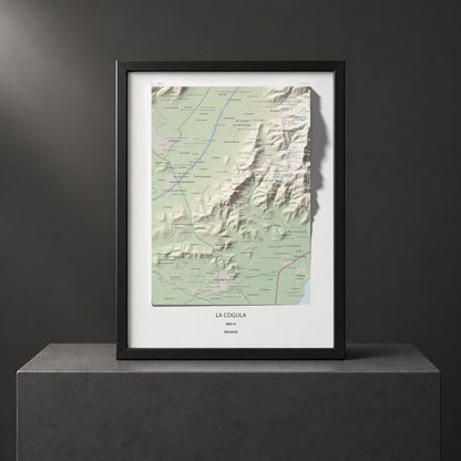 Mapa de relieve de la Cogula, 406 m, Montsià, lámina 100 Cims de Trobart. Presentación enmarcada. 30 × 40 cm.