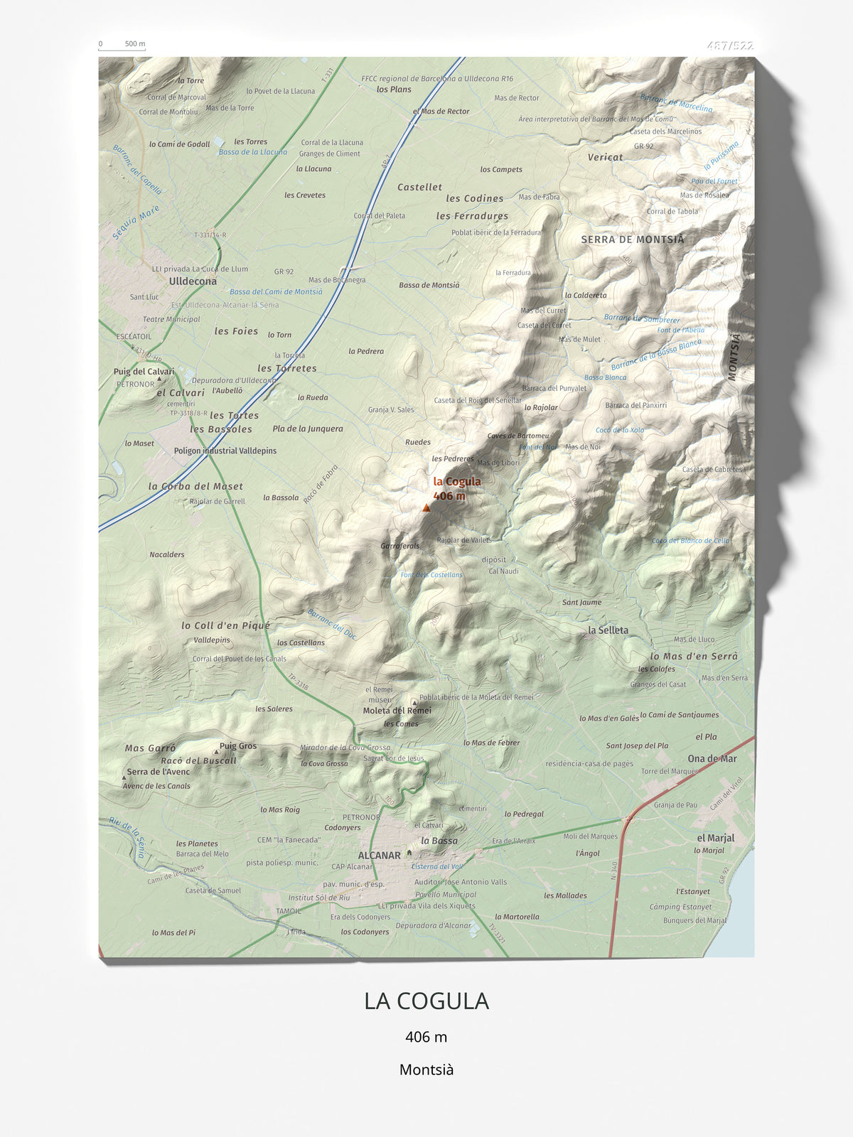 Mapa de relieve de la Cogula, 406 m, Montsià, lámina 100 Cims de Trobart 30 × 40 cm.