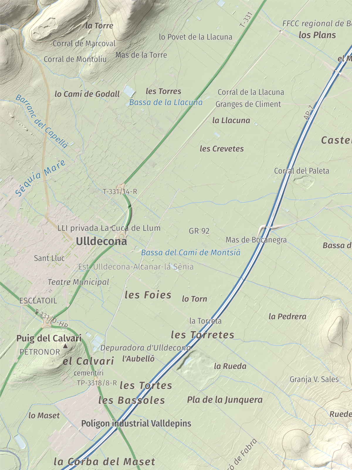 Mapa de relieve de la Cogula, 406 m, Montsià, lámina 100 Cims de Trobart. Detalle de la zona superior izquierda. 30 × 40 cm.