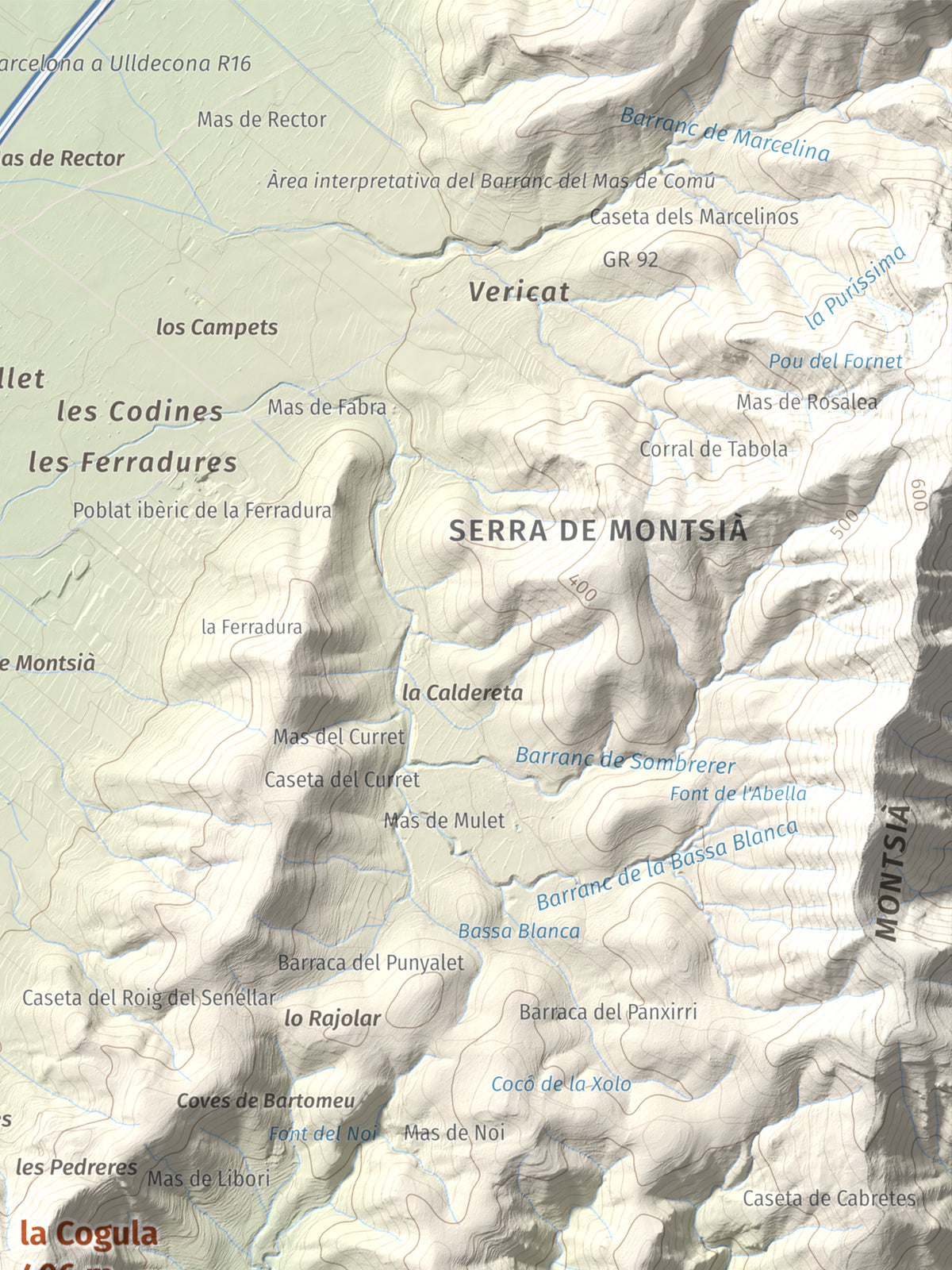 Mapa de relieve de la Cogula, 406 m, Montsià, lámina 100 Cims de Trobart. Detalle de la zona superior derecha. 30 × 40 cm.
