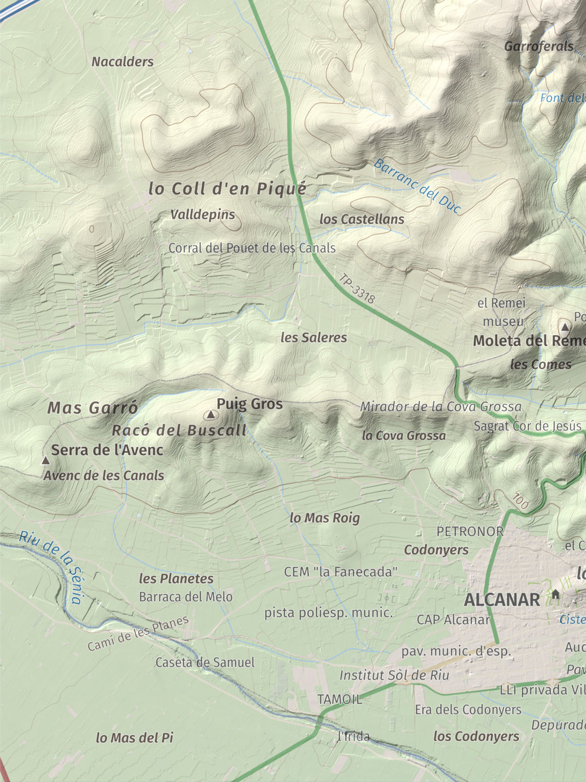 Mapa de relieve de la Cogula, 406 m, Montsià, lámina 100 Cims de Trobart. Detalle de la zona inferior izquierda. 30 × 40 cm.