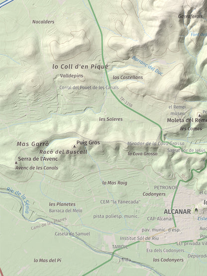 Mapa de relieve de la Cogula, 406 m, Montsià, lámina 100 Cims de Trobart. Detalle de la zona inferior izquierda. 30 × 40 cm.