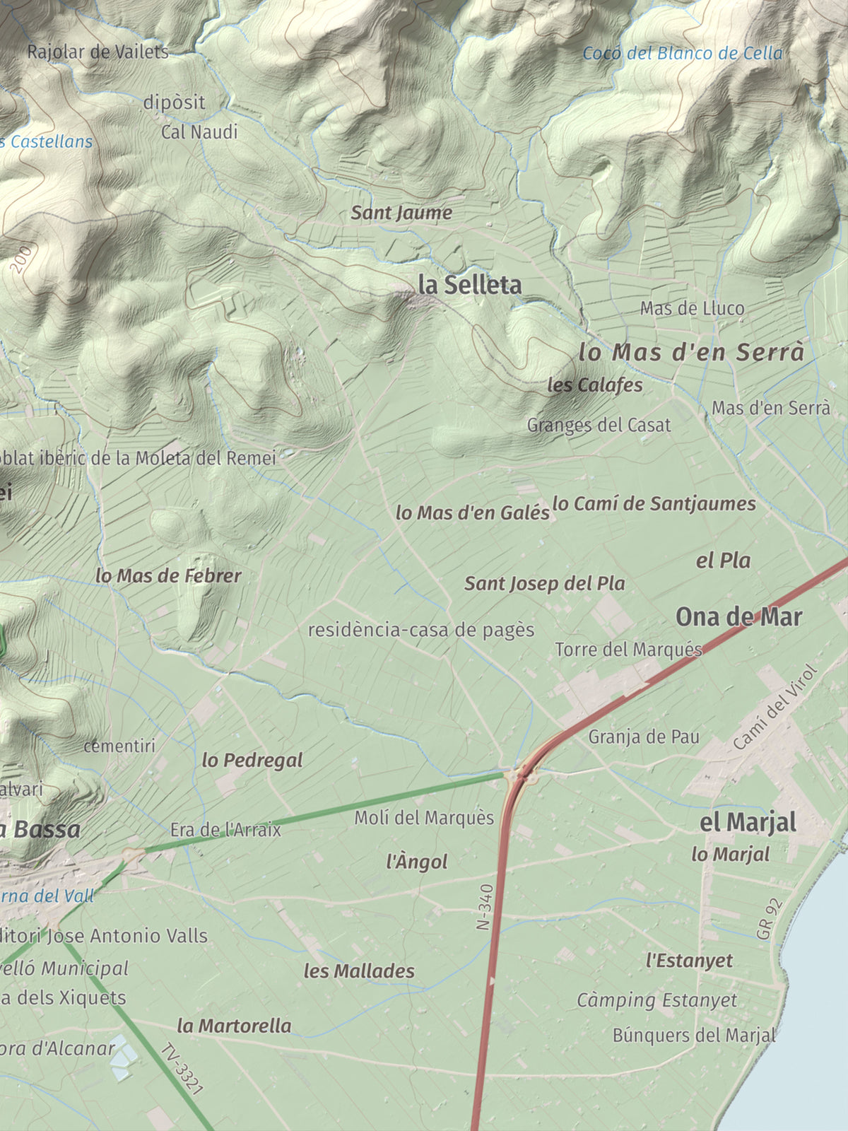 Mapa de relieve de la Cogula, 406 m, Montsià, lámina 100 Cims de Trobart. Detalle de la zona inferior derecha. 30 × 40 cm.