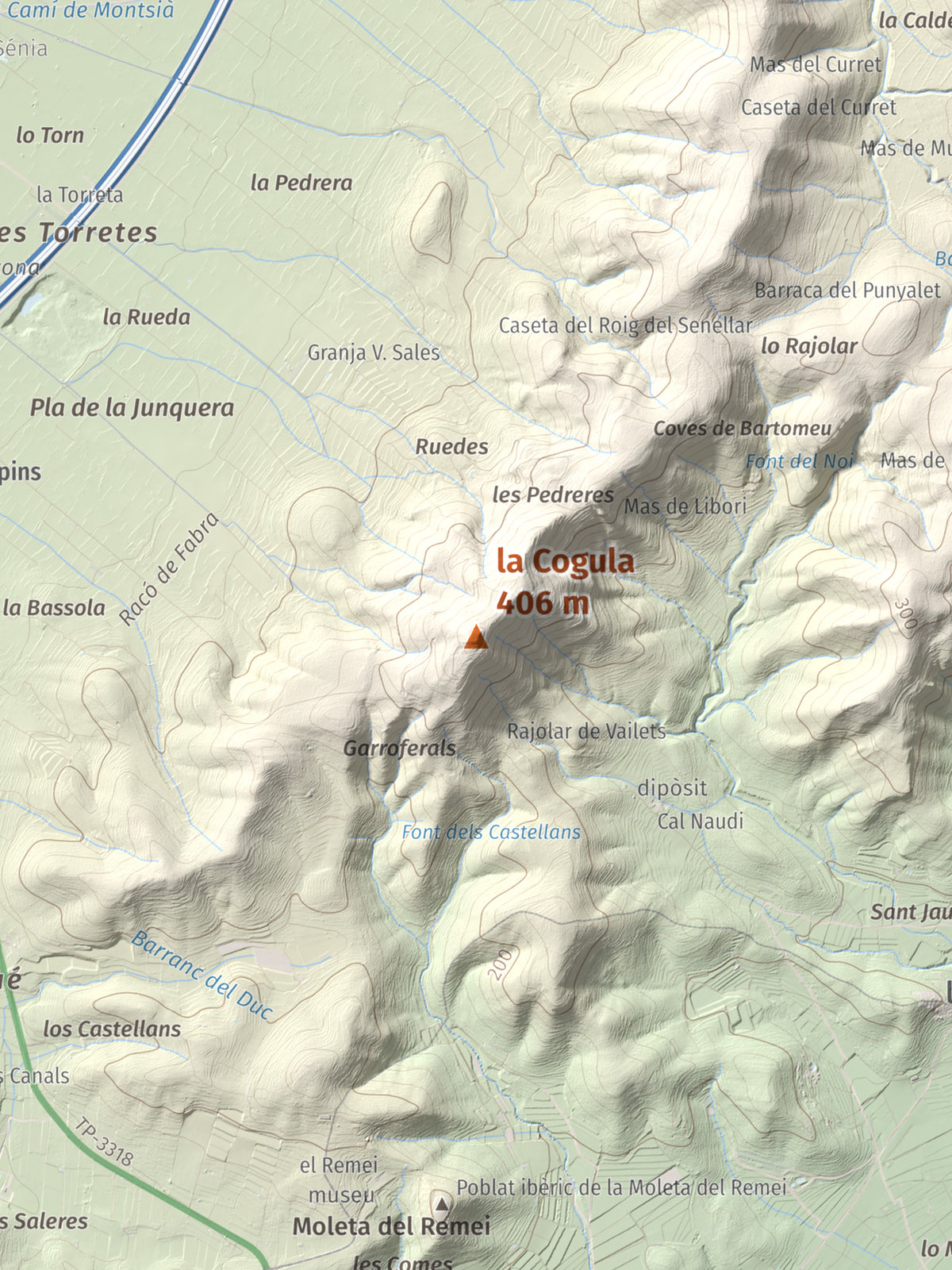 Mapa de relieve de la Cogula, 406 m, Montsià, lámina 100 Cims de Trobart. Detalle de la zona central. 30 × 40 cm.