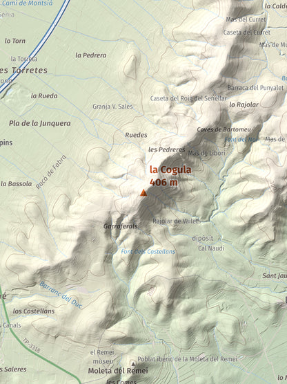Mapa de relieve de la Cogula, 406 m, Montsià, lámina 100 Cims de Trobart. Detalle de la zona central. 30 × 40 cm.
