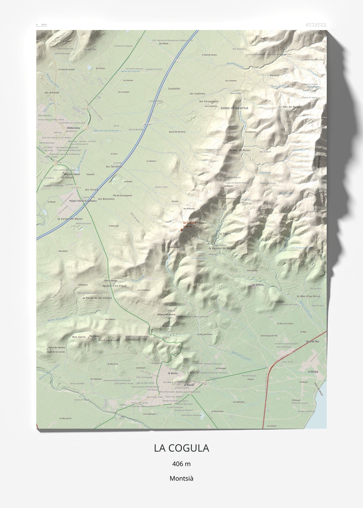 Mapa de relieve de la Cogula, 406 m, Montsià, lámina 100 Cims de Trobart 50 × 70 cm.