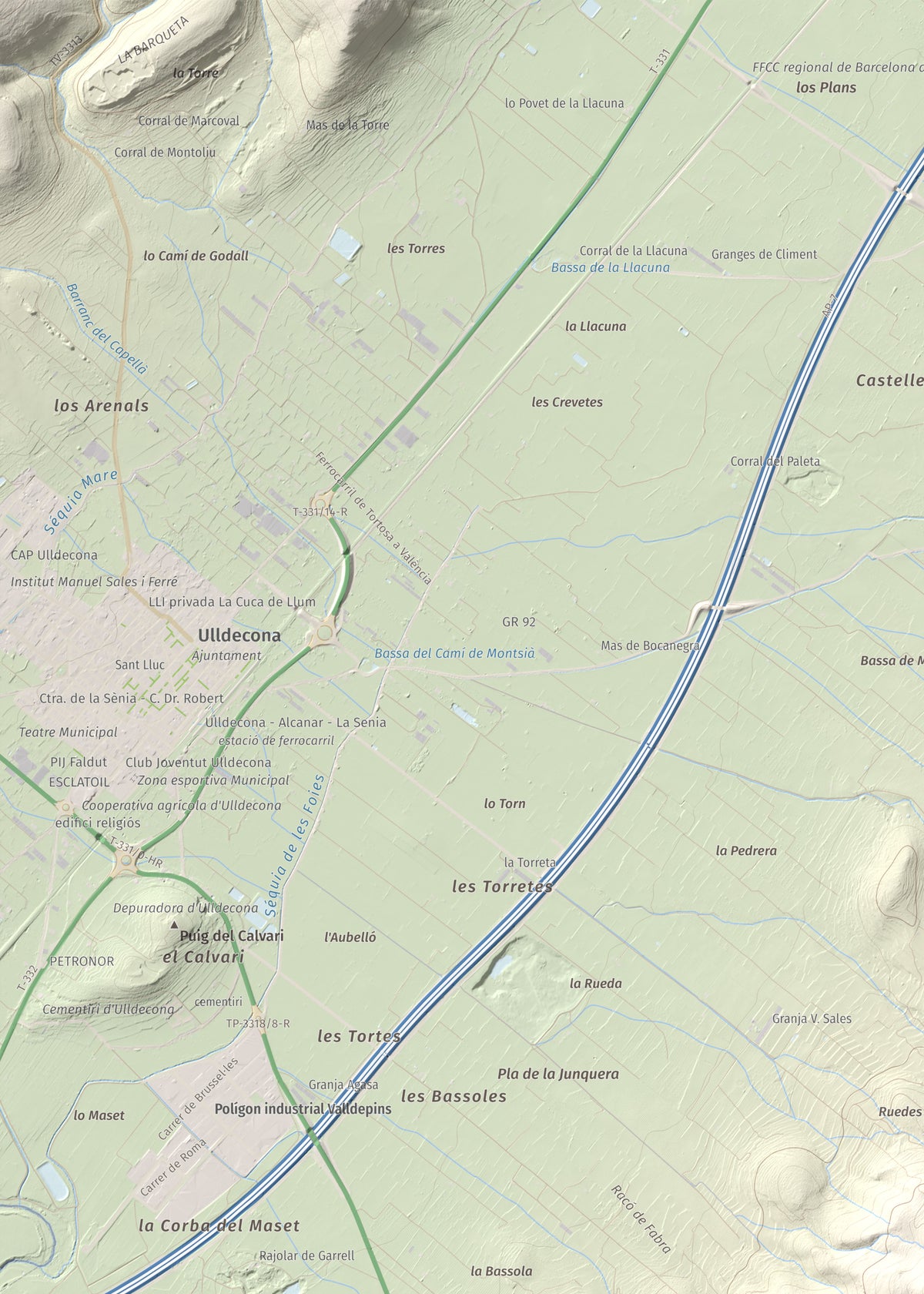 Mapa de relieve de la Cogula, 406 m, Montsià, lámina 100 Cims de Trobart. Detalle de la zona superior izquierda. 50 × 70 cm.