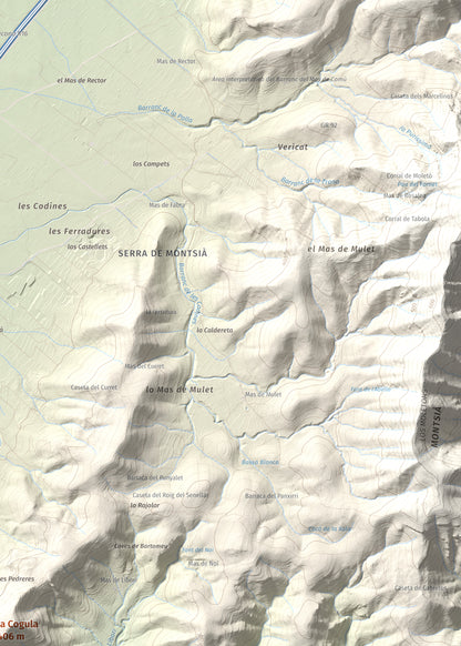 Mapa de relieve de la Cogula, 406 m, Montsià, lámina 100 Cims de Trobart. Detalle de la zona superior derecha. 50 × 70 cm.
