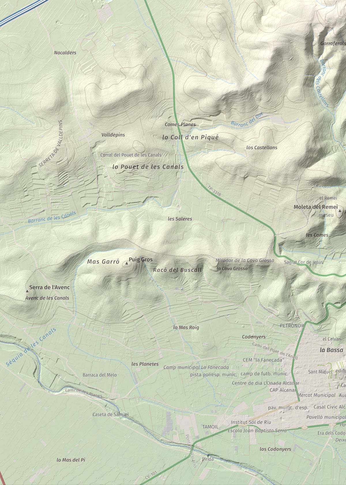 Mapa de relieve de la Cogula, 406 m, Montsià, lámina 100 Cims de Trobart. Detalle de la zona inferior izquierda. 50 × 70 cm.