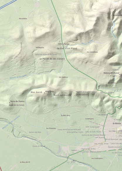 Mapa de relieve de la Cogula, 406 m, Montsià, lámina 100 Cims de Trobart. Detalle de la zona inferior izquierda. 50 × 70 cm.