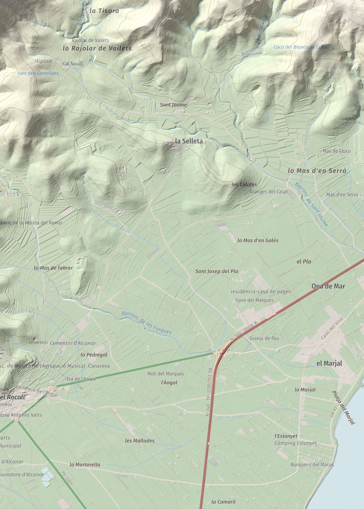 Mapa de relieve de la Cogula, 406 m, Montsià, lámina 100 Cims de Trobart. Detalle de la zona inferior derecha. 50 × 70 cm.