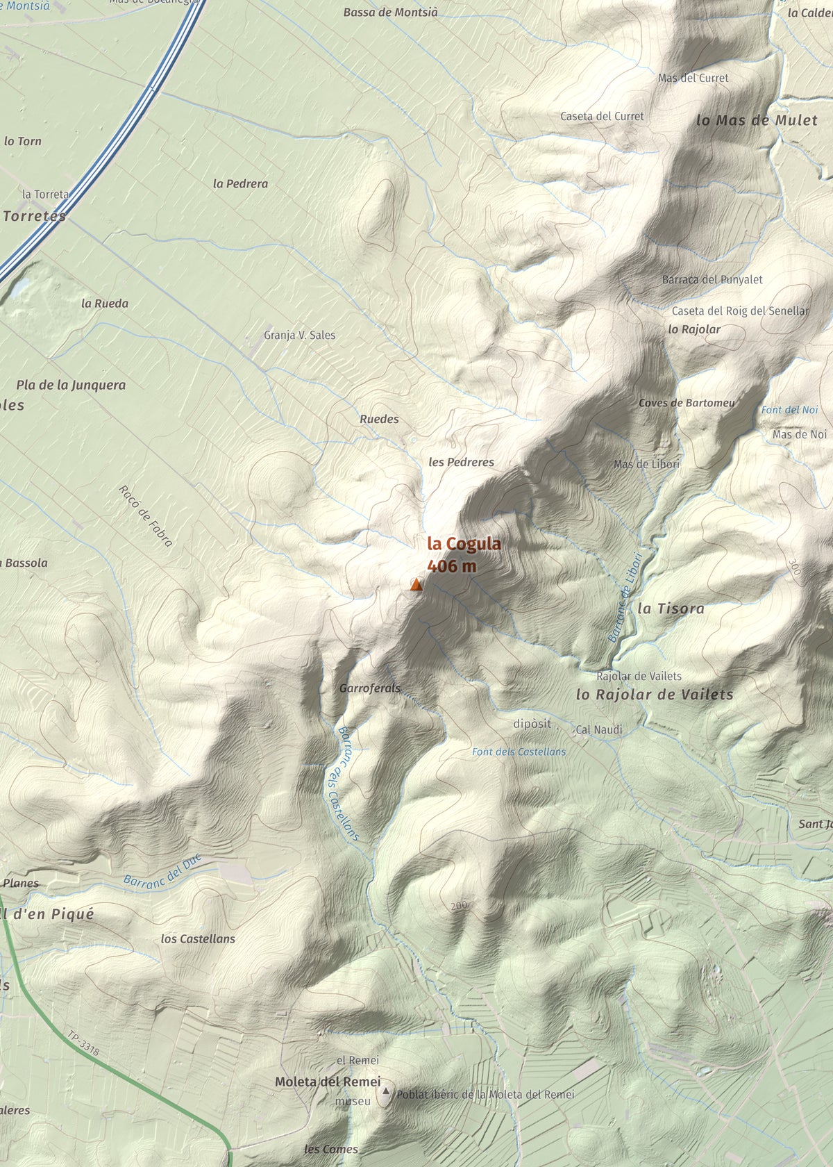 Mapa de relieve de la Cogula, 406 m, Montsià, lámina 100 Cims de Trobart. Detalle de la zona central. 50 × 70 cm.