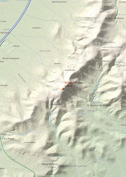Mapa de relieve de la Cogula, 406 m, Montsià, lámina 100 Cims de Trobart. Detalle de la zona central. 50 × 70 cm.