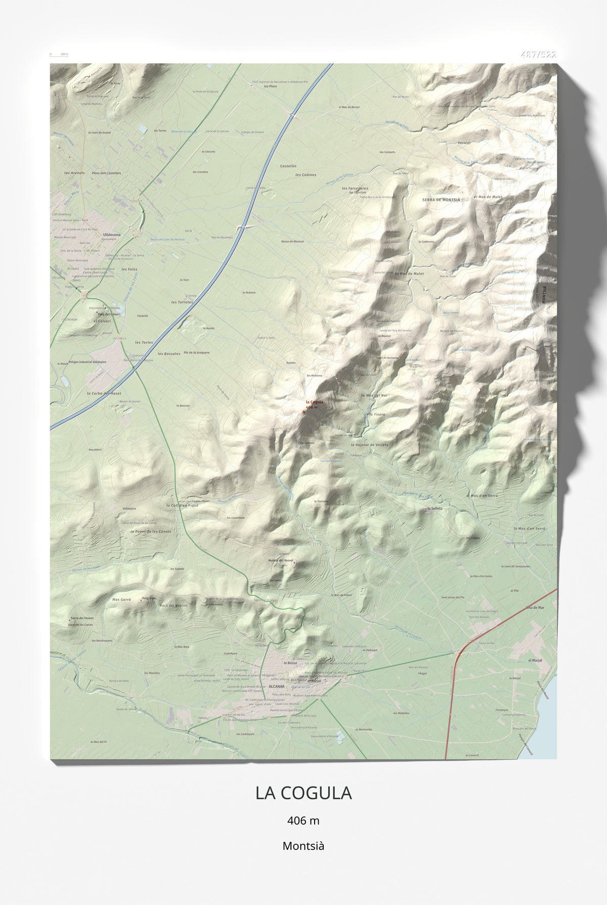Mapa de relieve de la Cogula, 406 m, Montsià, lámina 100 Cims de Trobart 61 × 91 cm.