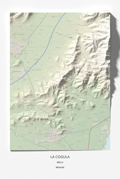 Mapa de relieve de la Cogula, 406 m, Montsià, lámina 100 Cims de Trobart 61 × 91 cm.