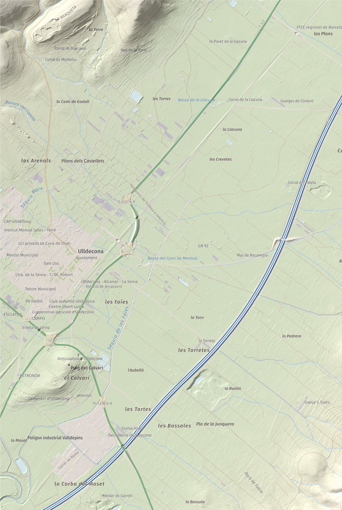 Mapa de relieve de la Cogula, 406 m, Montsià, lámina 100 Cims de Trobart. Detalle de la zona superior izquierda. 61 × 91 cm.