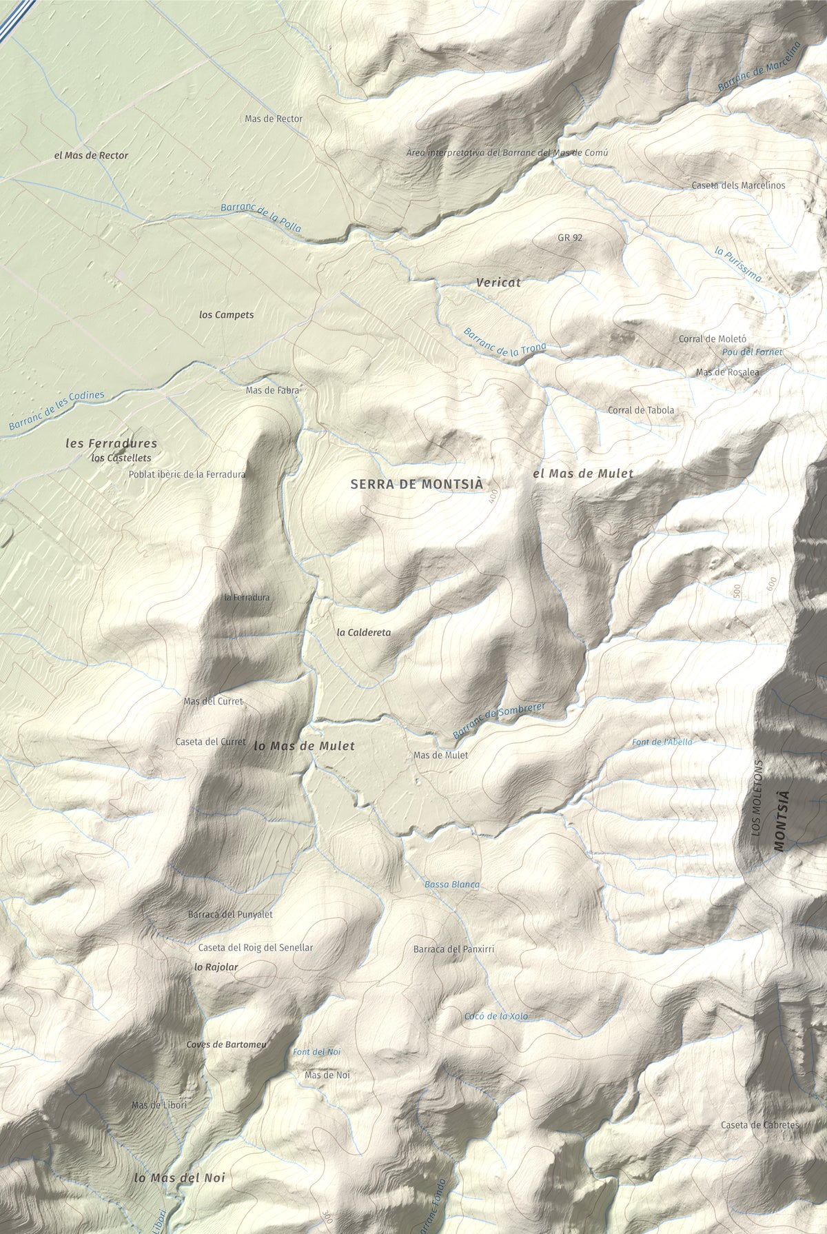 Mapa de relieve de la Cogula, 406 m, Montsià, lámina 100 Cims de Trobart. Detalle de la zona superior derecha. 61 × 91 cm.