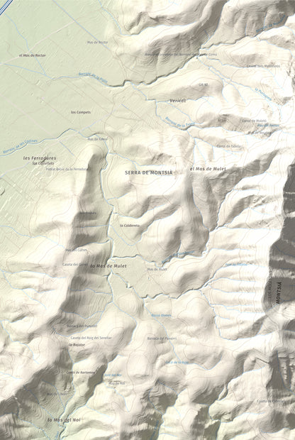 Mapa de relieve de la Cogula, 406 m, Montsià, lámina 100 Cims de Trobart. Detalle de la zona superior derecha. 61 × 91 cm.