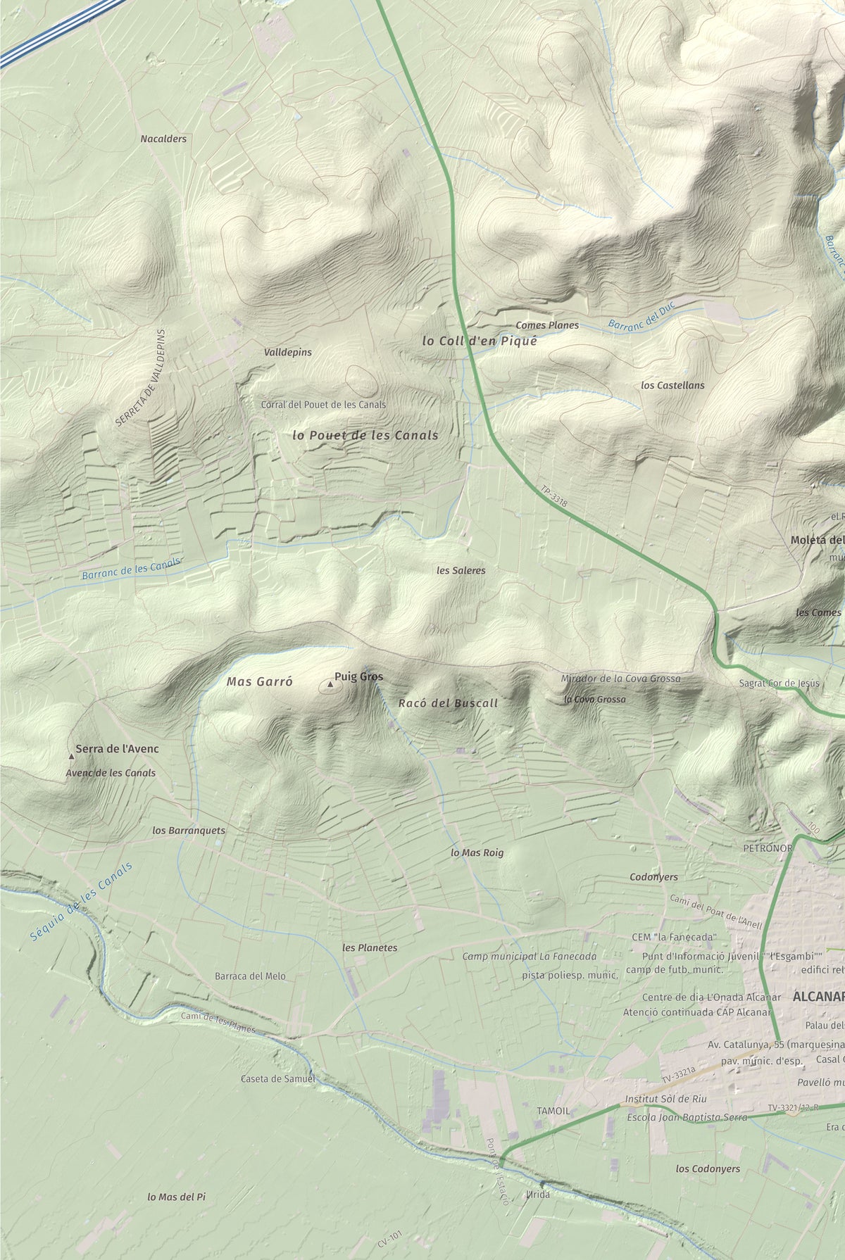 Mapa de relieve de la Cogula, 406 m, Montsià, lámina 100 Cims de Trobart. Detalle de la zona inferior izquierda. 61 × 91 cm.