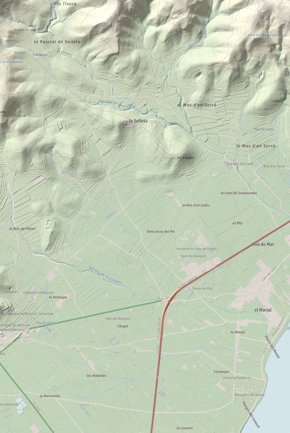 Mapa de relieve de la Cogula, 406 m, Montsià, lámina 100 Cims de Trobart. Detalle de la zona inferior derecha. 61 × 91 cm.