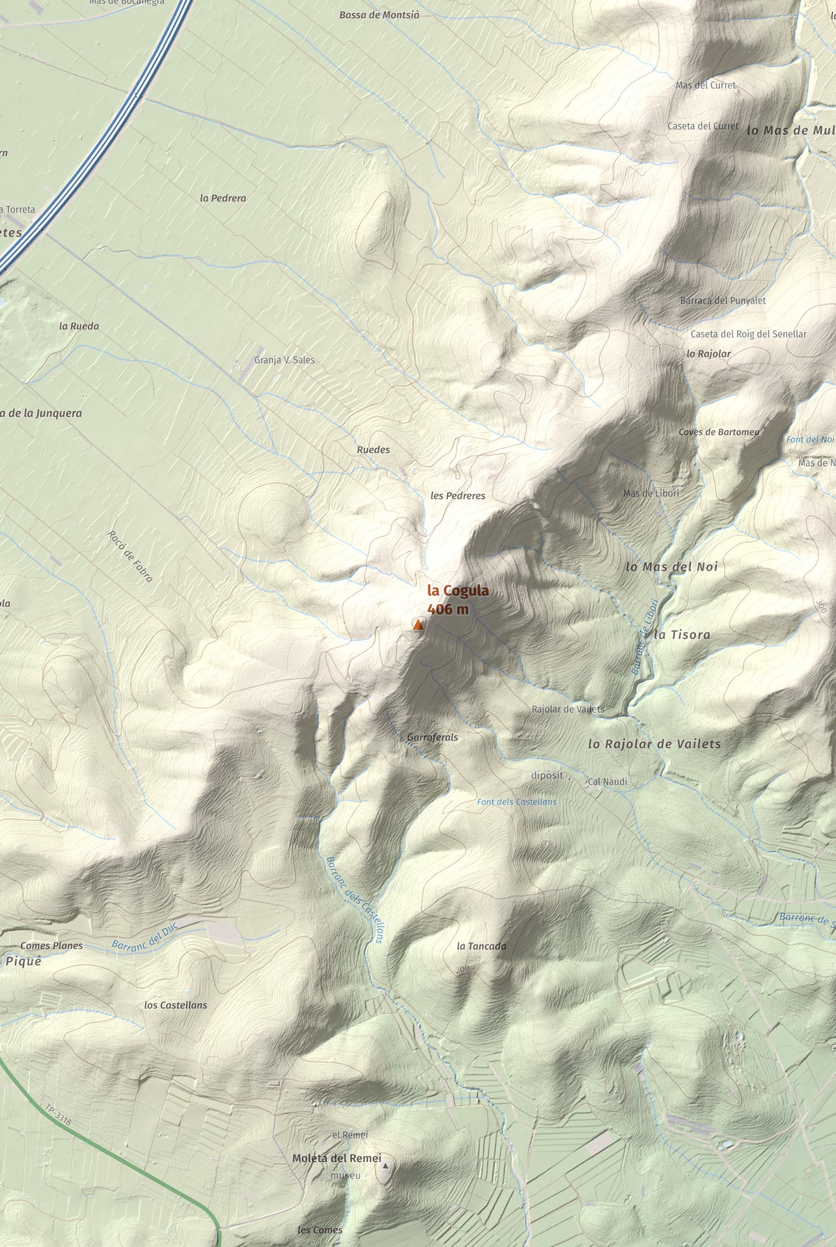 Mapa de relieve de la Cogula, 406 m, Montsià, lámina 100 Cims de Trobart. Detalle de la zona central. 61 × 91 cm.