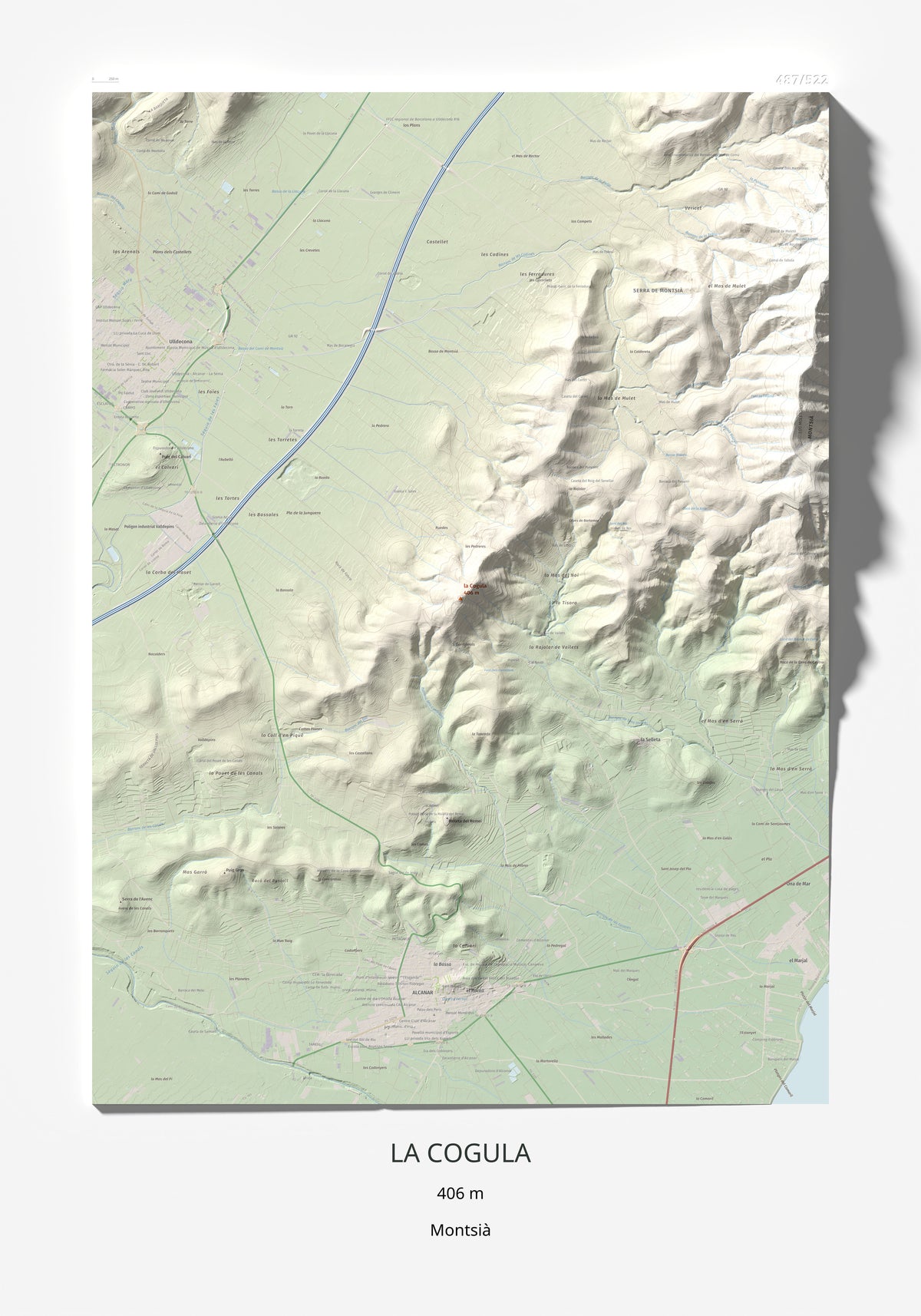 Mapa de relieve de la Cogula, 406 m, Montsià, lámina 100 Cims de Trobart 70 × 100 cm.