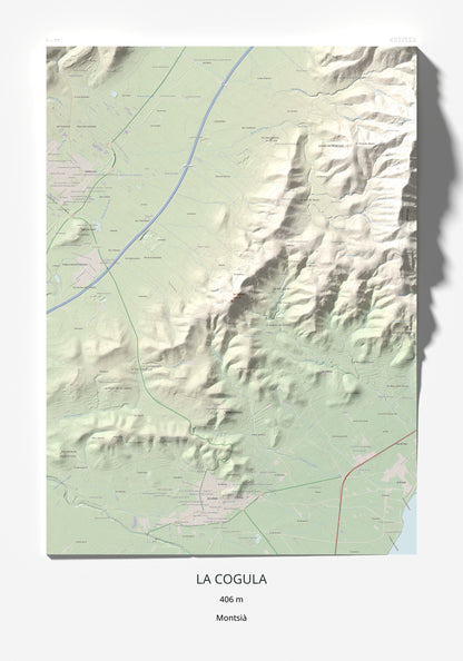 Mapa de relieve de la Cogula, 406 m, Montsià, lámina 100 Cims de Trobart 70 × 100 cm.