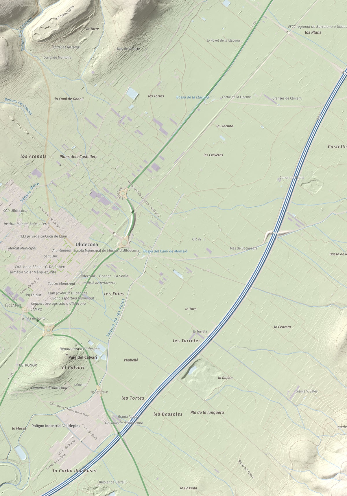 Mapa de relieve de la Cogula, 406 m, Montsià, lámina 100 Cims de Trobart. Detalle de la zona superior izquierda. 70 × 100 cm.