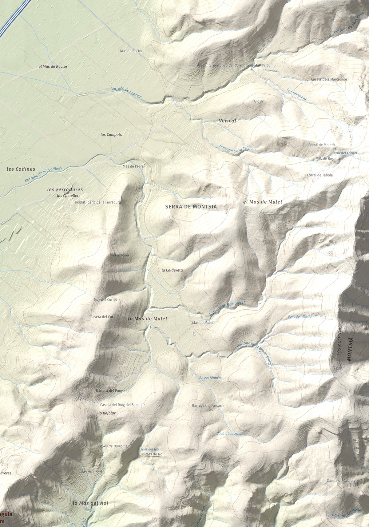 Mapa de relieve de la Cogula, 406 m, Montsià, lámina 100 Cims de Trobart. Detalle de la zona superior derecha. 70 × 100 cm.