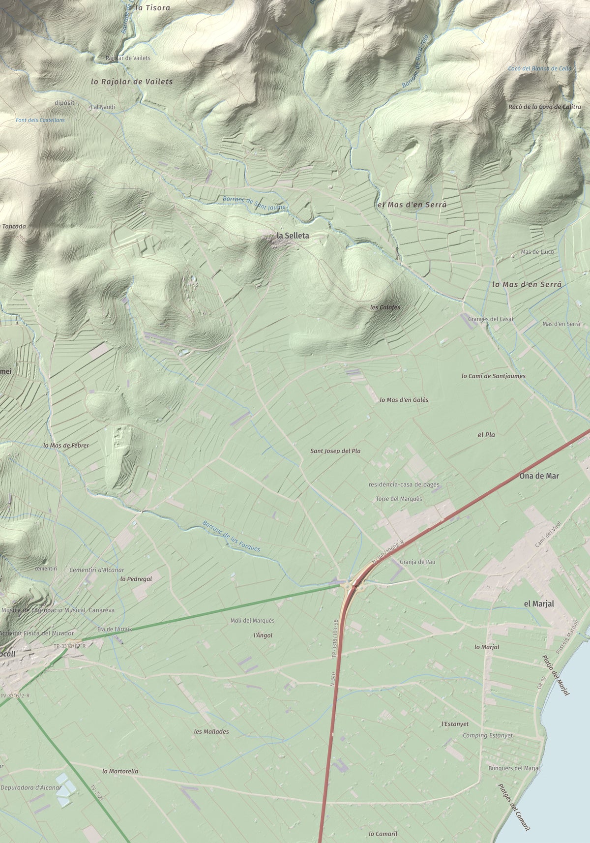 Mapa de relieve de la Cogula, 406 m, Montsià, lámina 100 Cims de Trobart. Detalle de la zona inferior derecha. 70 × 100 cm.