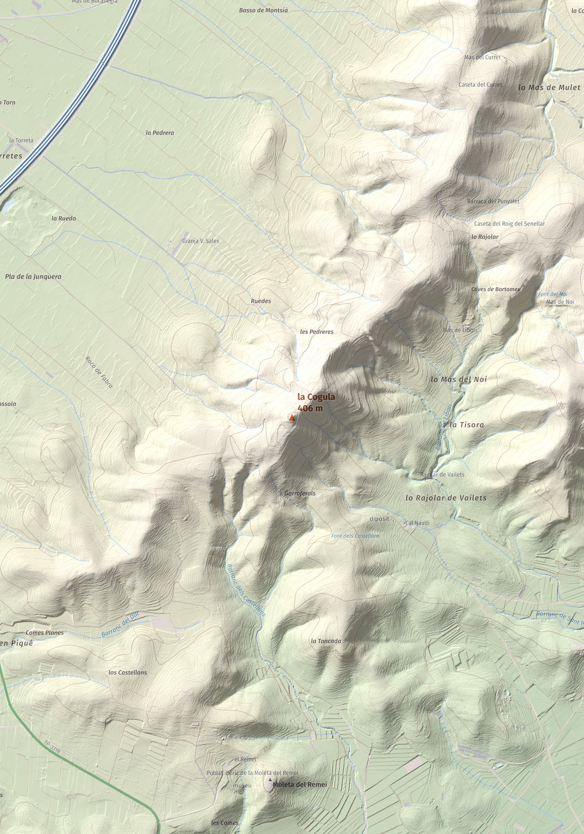 Mapa de relieve de la Cogula, 406 m, Montsià, lámina 100 Cims de Trobart. Detalle de la zona central. 70 × 100 cm.
