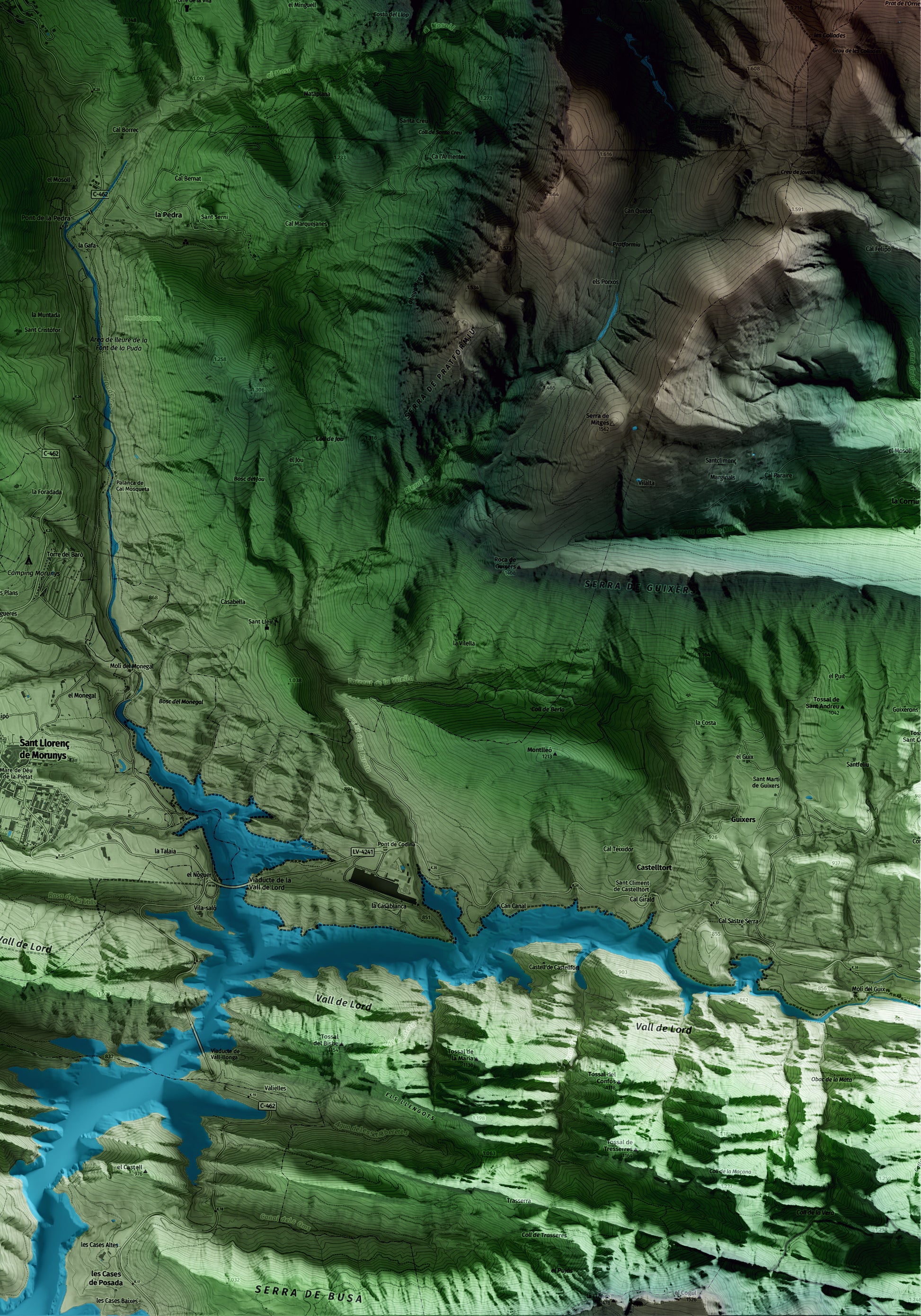 Mapa artístico del relieve de la Coma i la Pedra, al Solsonès, con 15 km de entorno y base topográfica ICGC. Detalle de la zona inferior derecha.