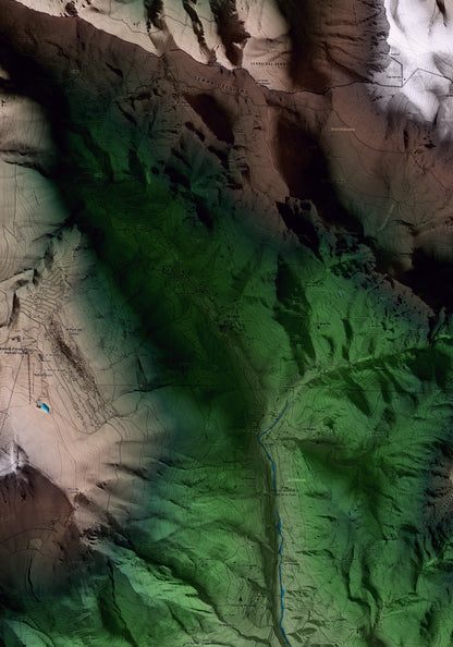 Mapa artístico del relieve de la Coma i la Pedra, al Solsonès, con 15 km de entorno y base topográfica ICGC. Detalle de la zona central.