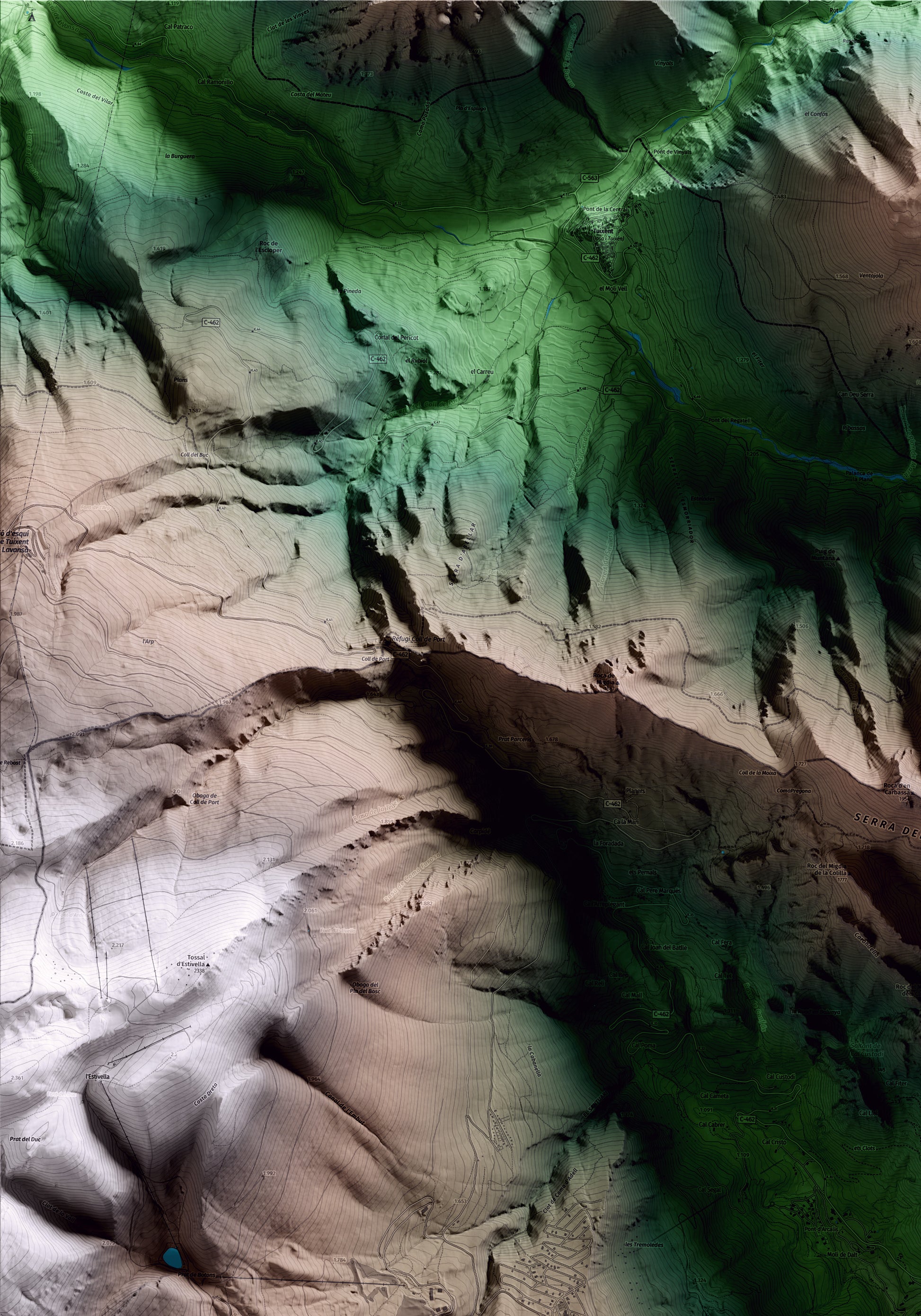 Mapa artístico del relieve de la Coma i la Pedra, al Solsonès, con 15 km de entorno y base topográfica ICGC. Detalle de la zona superior izquierda.