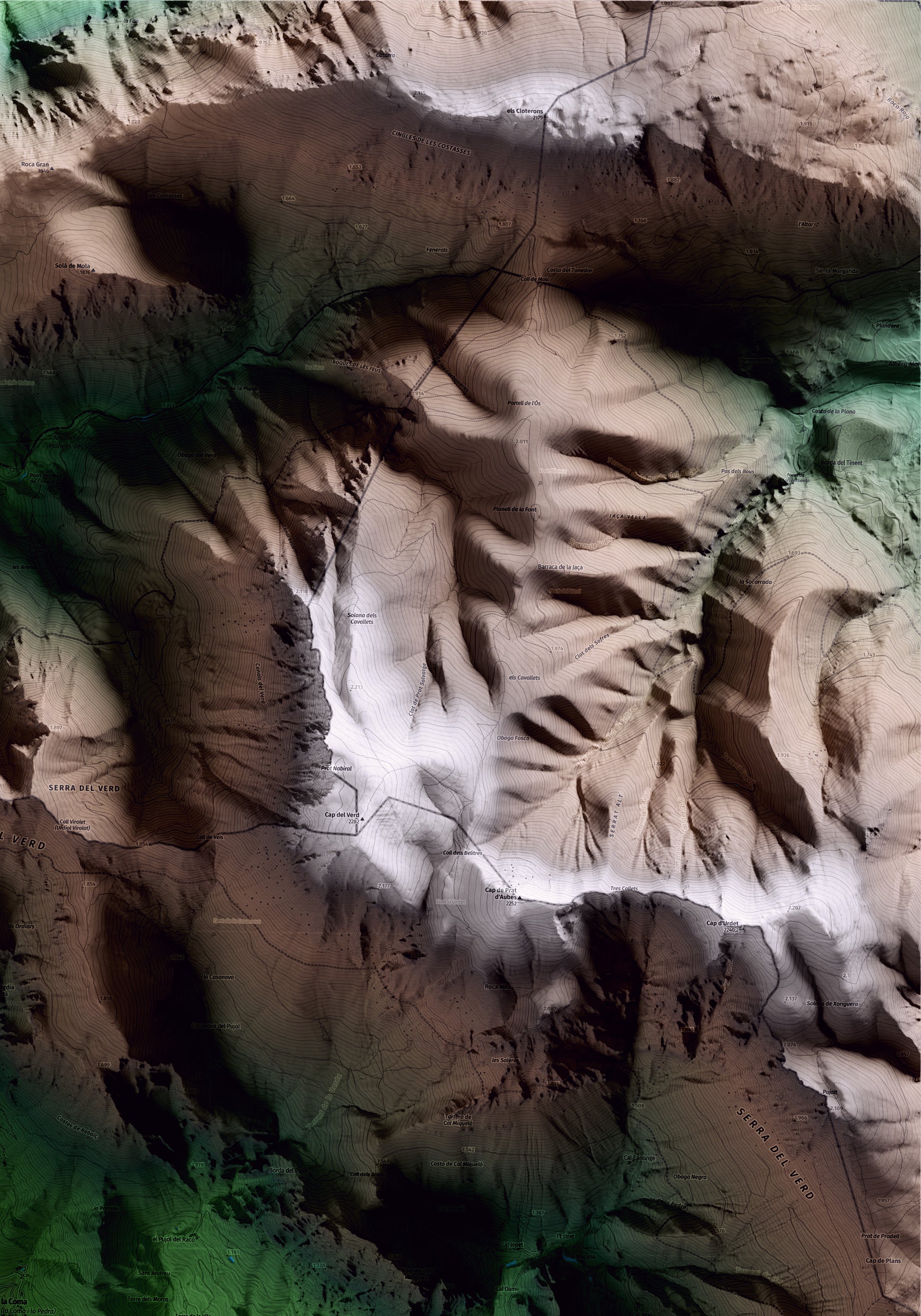 Mapa artístico del relieve de la Coma i la Pedra, al Solsonès, con 15 km de entorno y base topográfica ICGC. Detalle de la zona superior derecha.