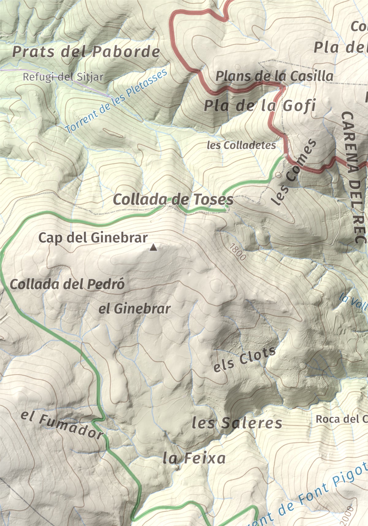Mapa de relieve de la Creueta, 2067 m, Berguedà · Ripollès, lámina 100 Cims de Trobart. Detalle de la zona superior izquierda. 21 × 30 cm.