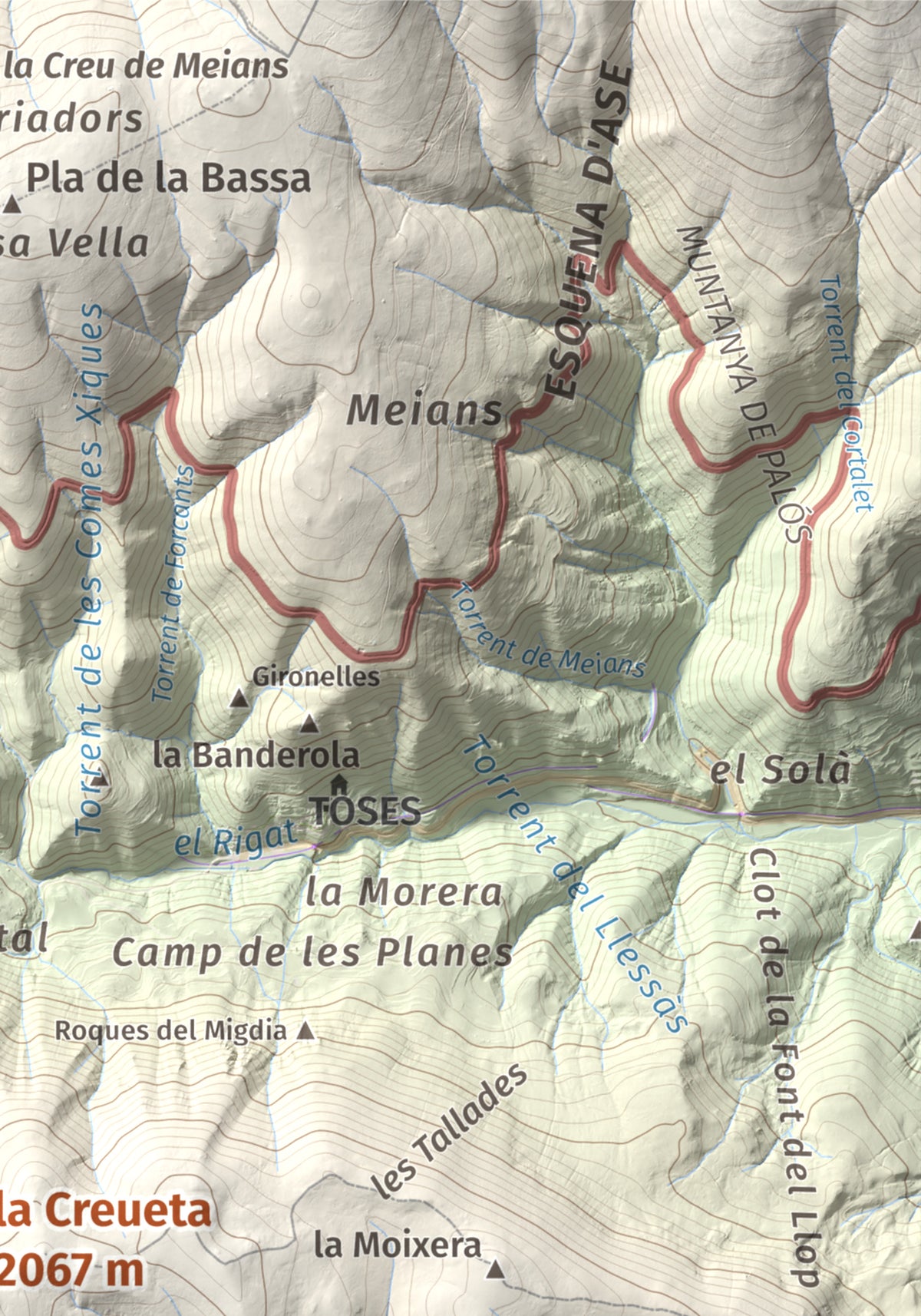 Mapa de relieve de la Creueta, 2067 m, Berguedà · Ripollès, lámina 100 Cims de Trobart. Detalle de la zona superior derecha. 21 × 30 cm.