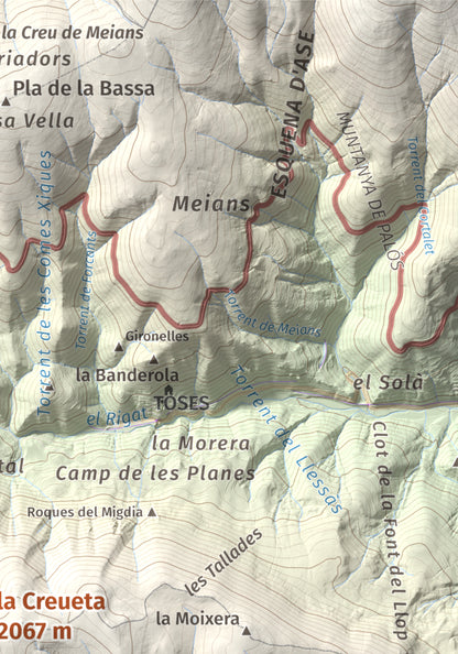 Mapa de relieve de la Creueta, 2067 m, Berguedà · Ripollès, lámina 100 Cims de Trobart. Detalle de la zona superior derecha. 21 × 30 cm.