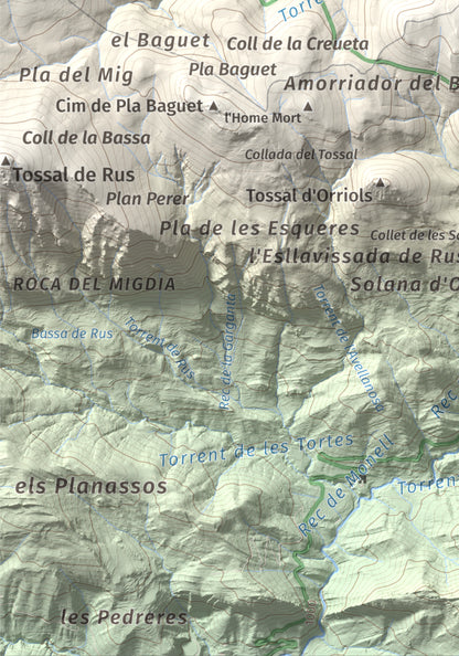 Mapa de relieve de la Creueta, 2067 m, Berguedà · Ripollès, lámina 100 Cims de Trobart. Detalle de la zona inferior izquierda. 21 × 30 cm.
