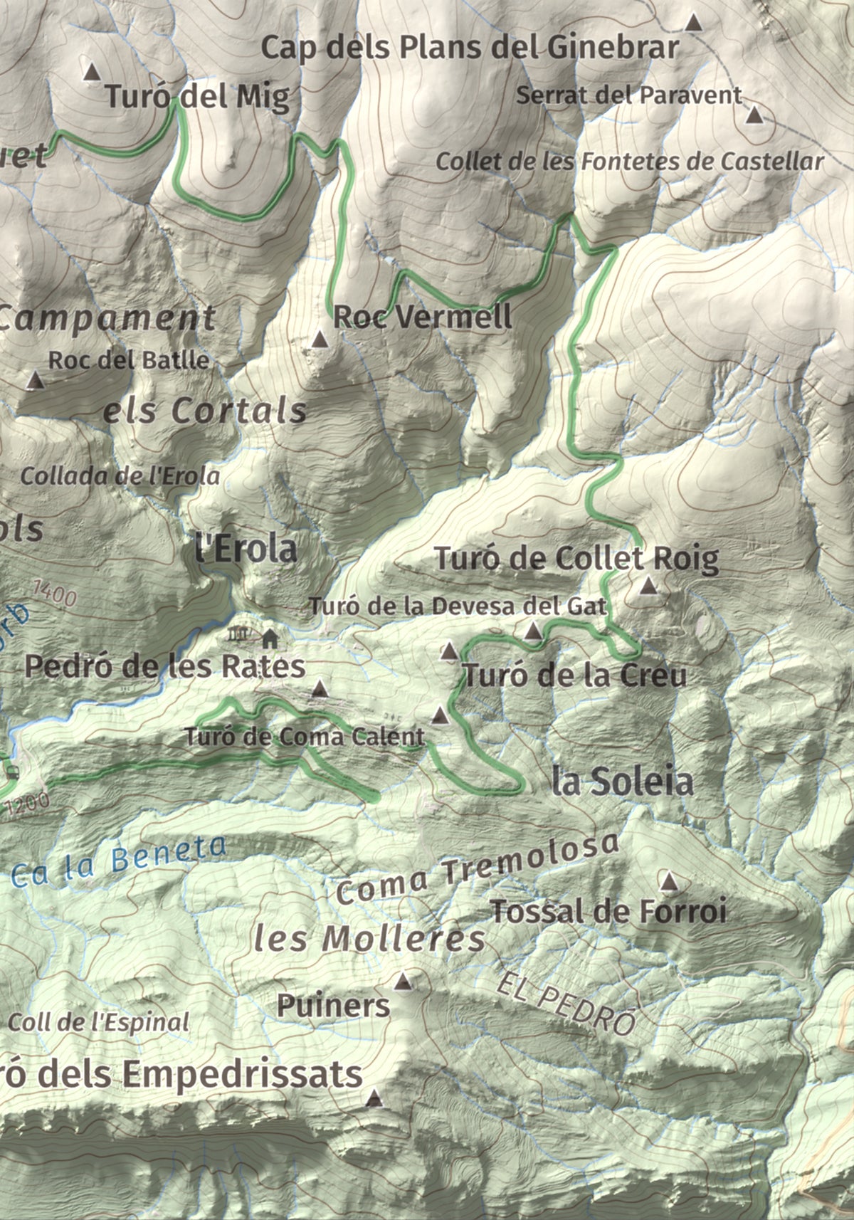 Mapa de relieve de la Creueta, 2067 m, Berguedà · Ripollès, lámina 100 Cims de Trobart. Detalle de la zona inferior derecha. 21 × 30 cm.