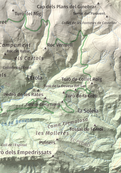 Mapa de relieve de la Creueta, 2067 m, Berguedà · Ripollès, lámina 100 Cims de Trobart. Detalle de la zona inferior derecha. 21 × 30 cm.