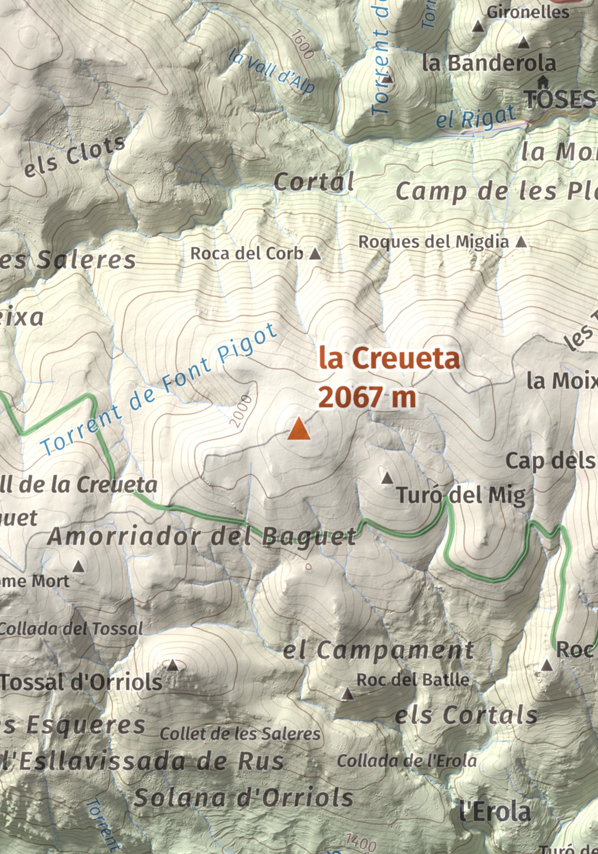 Mapa de relieve de la Creueta, 2067 m, Berguedà · Ripollès, lámina 100 Cims de Trobart. Detalle de la zona central. 21 × 30 cm.