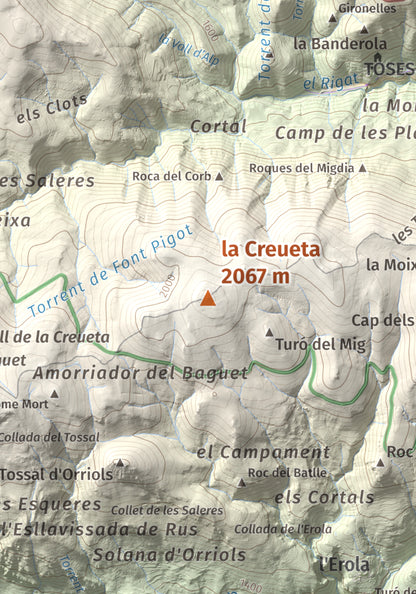 Mapa de relieve de la Creueta, 2067 m, Berguedà · Ripollès, lámina 100 Cims de Trobart. Detalle de la zona central. 21 × 30 cm.