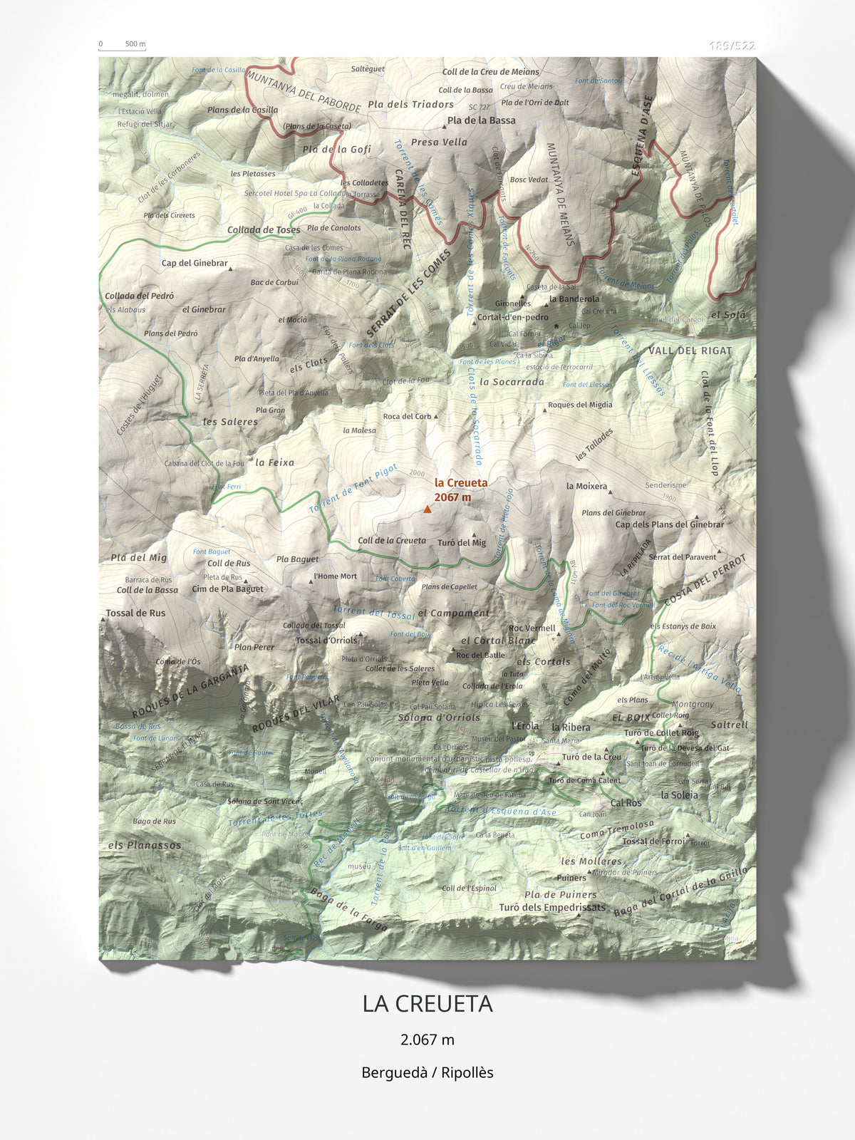 Mapa de relieve de la Creueta, 2067 m, Berguedà · Ripollès, lámina 100 Cims de Trobart 30 × 40 cm.