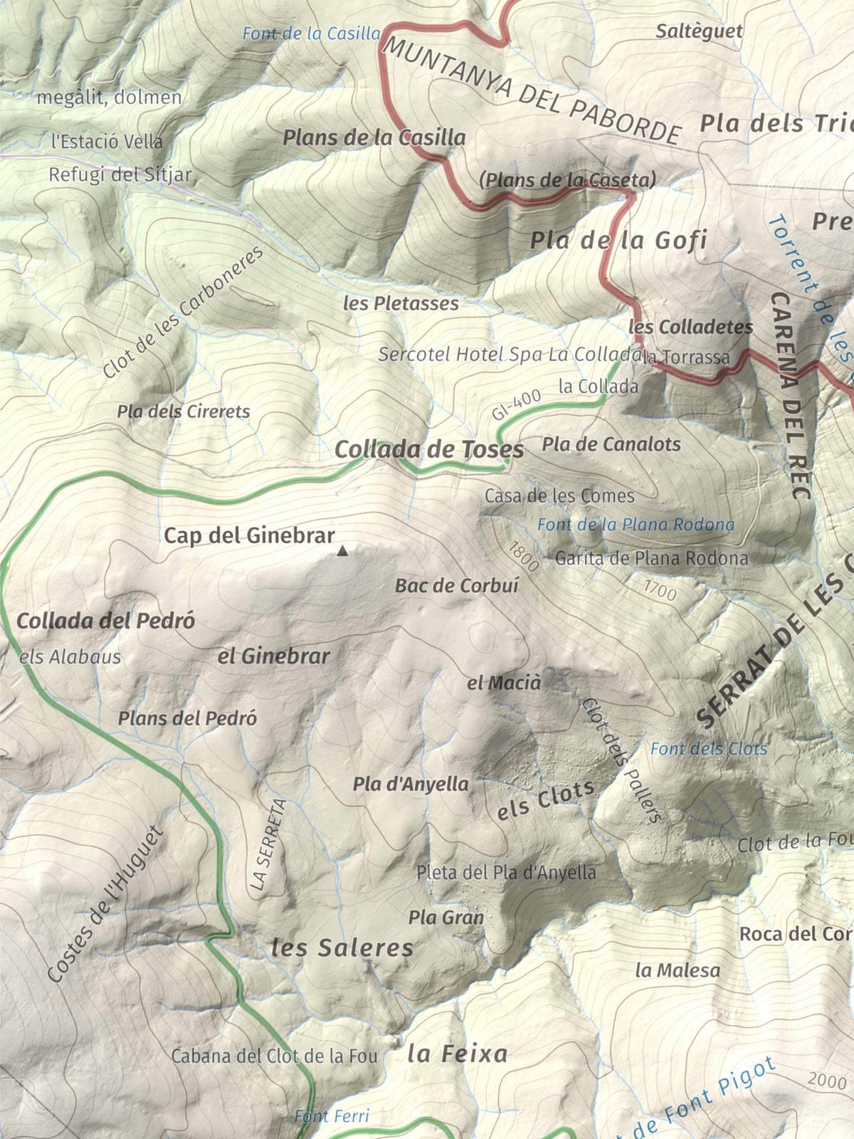 Mapa de relieve de la Creueta, 2067 m, Berguedà · Ripollès, lámina 100 Cims de Trobart. Detalle de la zona superior izquierda. 30 × 40 cm.