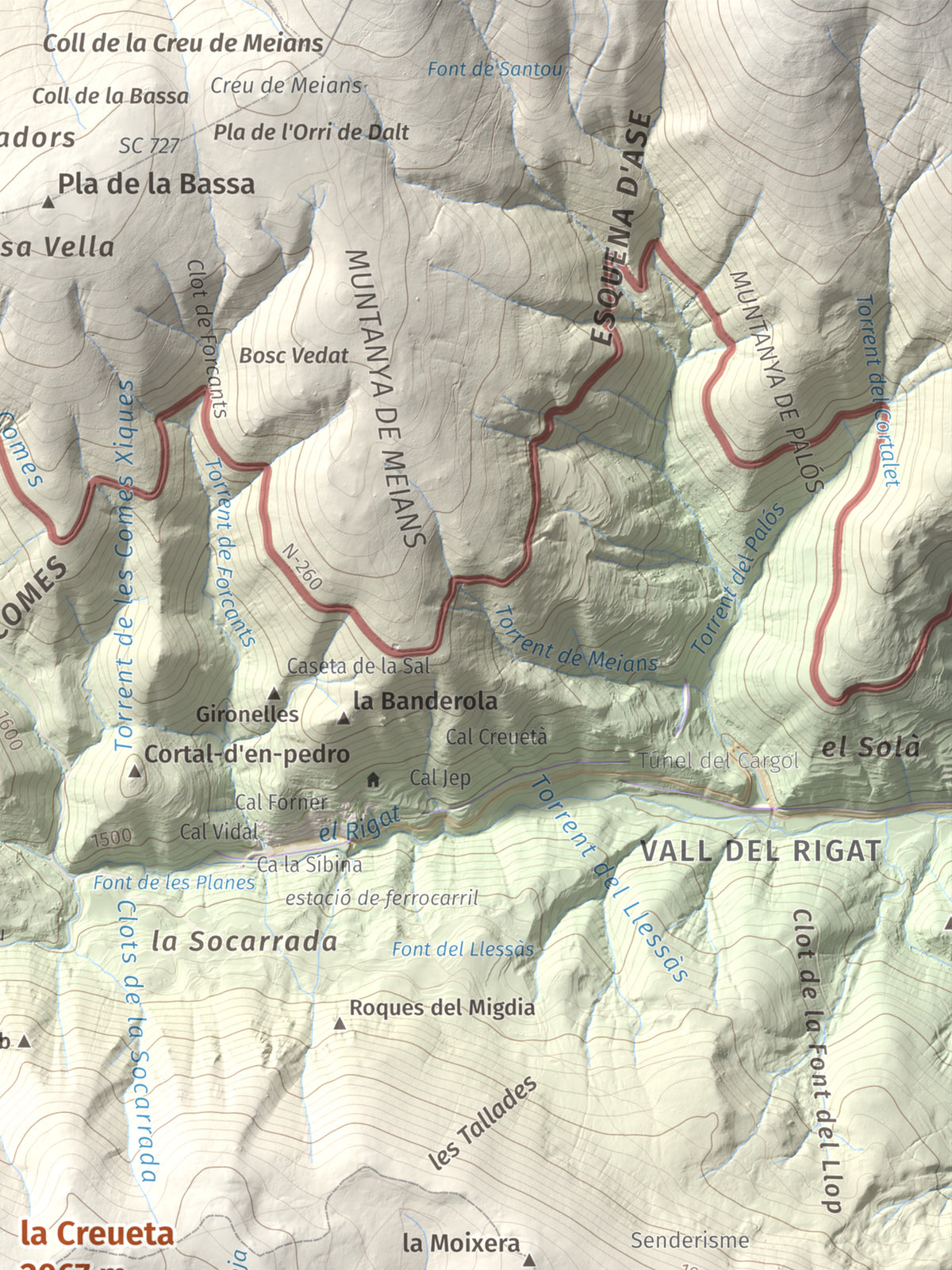 Mapa de relieve de la Creueta, 2067 m, Berguedà · Ripollès, lámina 100 Cims de Trobart. Detalle de la zona superior derecha. 30 × 40 cm.