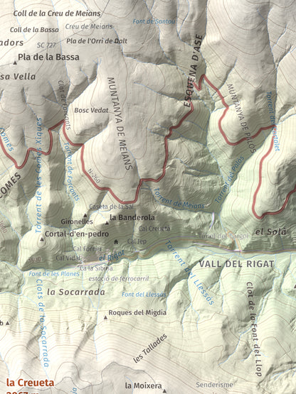 Mapa de relieve de la Creueta, 2067 m, Berguedà · Ripollès, lámina 100 Cims de Trobart. Detalle de la zona superior derecha. 30 × 40 cm.