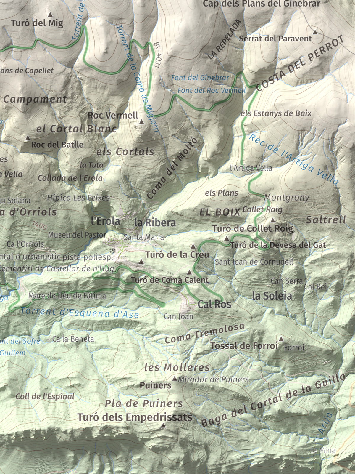 Mapa de relieve de la Creueta, 2067 m, Berguedà · Ripollès, lámina 100 Cims de Trobart. Detalle de la zona inferior derecha. 30 × 40 cm.